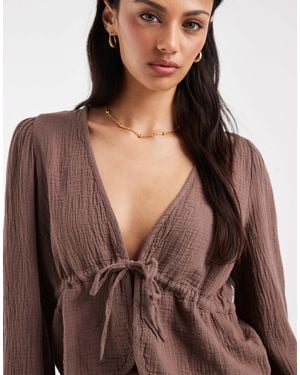Pieces Crinkle Cotton Tie Front Long Sleeve Top - Brown