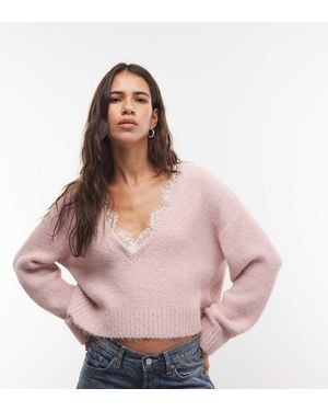 Monki Jersey De Punto Suave Con Cuello De Pico Y Ribete De Encaje En Rosa Empolvado