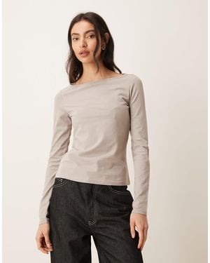 Mango Cotton Rich Boat Neck Long Sleeve Top - Natural