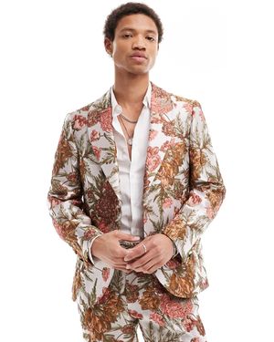 Twisted Tailor Bold Floral Jacquard Slim Suit Jacket - Pink