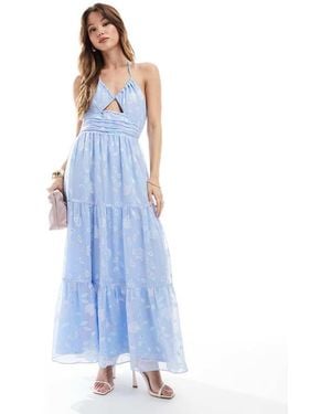 Maya Iridescent Floral Burnout Crossover Halter Neck Midaxi Dress - Blue