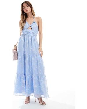 Maya Iridescent Floral Burnout Crossover Halter Neck Midaxi Dress - Blue