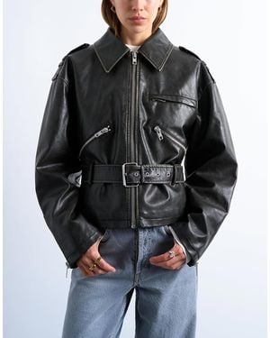 TOPSHOP Faux Leather Low Belted Biker Jacket - Black