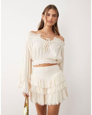 Miss Selfridge Off Shoulder Boho Blouse With Fluted Sleeves - Natural