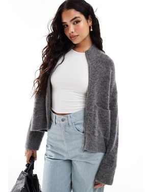 SELECTED Zip Thru Alpaca Blend Fluffy Cardigan With Pockets - Gray