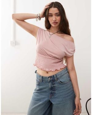 Reclaimed Vintage Slinky One Shoulder Top With Shirring Waist - Pink