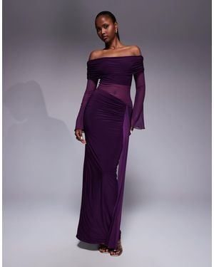 Kaiia Exclusive Double Layered Slinky Foldover Off The Shoulder Sheer Panel Ruched Skirt Maxi Dress - Purple