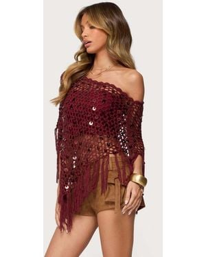 Edikted Fringe Sequin Crochet Poncho - Red