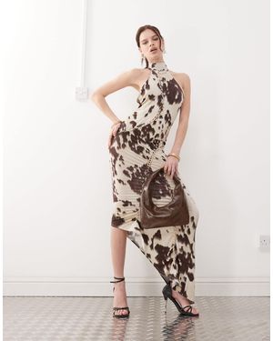 The Kript Slinky High Neck Asymmetric Maxi Dress - Natural