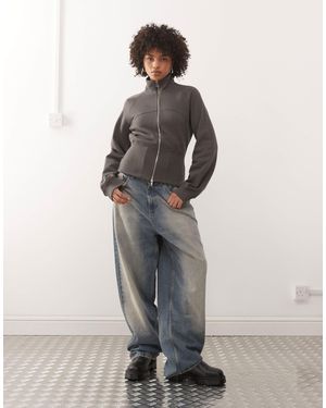 Weekday High Neck Zip Through Sweatshirt With Cinched Waist - Grey