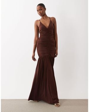Vila Cami Ruched Slinky Maxi Dress - Brown