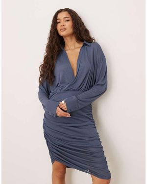 ASOS Collared Ruched Mini Wrap Dress - Blue