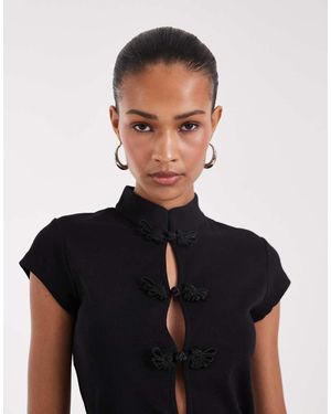 JJXX Mandarin-collar Top With Pankou Clasps - Black