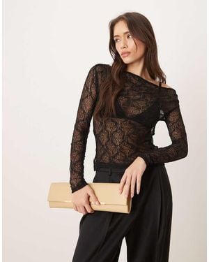 Gina Tricot Long Sleeve Fallen Off The Shoulder Drapey Rhinestone Lace Top - Black