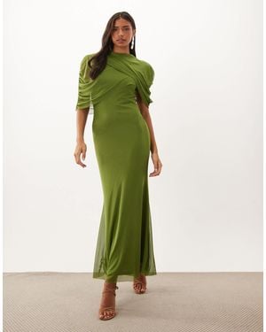 Vero Moda Half Sleeve Cape Detail Mesh Maxi Dress - Green