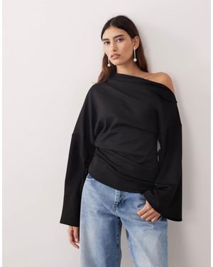 ARRANGE Jersey Off The Shoulder Wide Sleeves Top With Ruched Hem - Black