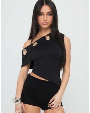Princess Polly Noteworthy Eyelet Detail Asymmetric Off Shoulder Fold Over Top - Black