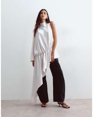 ARRANGE Satin Asymmetric Tiered Longline Top - White
