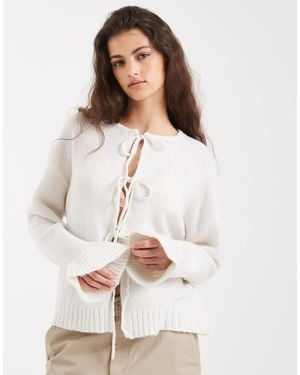 Pieces Frill Sleeve Tie Front Jumper - White