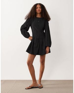 Wednesday's Girl Long Sleeve Button-down Smock Dress - Black