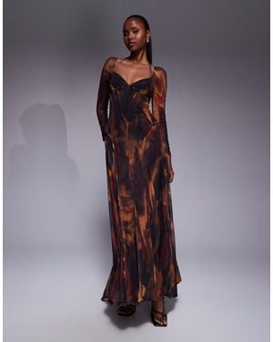 ASOS Printed Mesh Long Sleeve Maxi Dress With Exposed Seams And Full Skirt - Purple