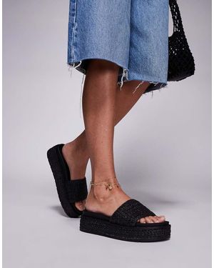South Beach Sandalias Negras Con Plataforma Plana De Rafia De - Azul
