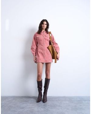 TOPSHOP Denim High Neck Button Through Shirt Dress - Red