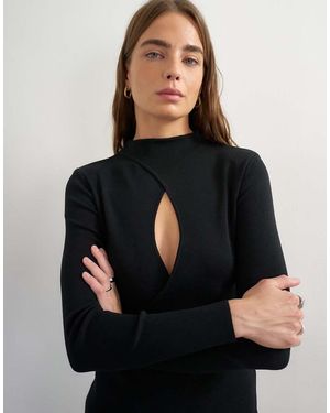 TOPSHOP Gebreide Top Met Lange Mouwen, Gedrapeerde Voorkant En Uitsparing - Zwart