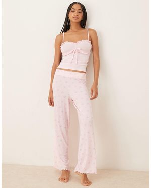 Boux Avenue Ribbed Frill Cami And Floral Bow Trousers Set - Pink