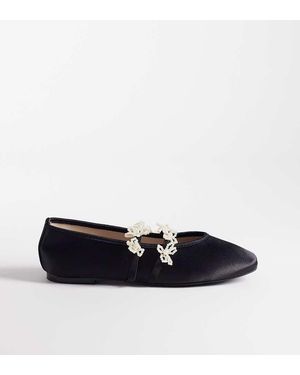 Kaiia Exclusive Double Strap Pearl Floral Satin Ballet Flats - Blue