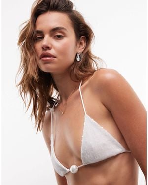 Cin Cin Orion Sequin Triangle Bikini Top With Pearl - Brown