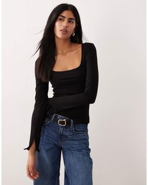 Gina Tricot Long Sleeve Top With Scoop Neck And Split Cuffs - Blue