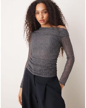 Mango Asymmetric Long Sleeve Lace Top - Gray