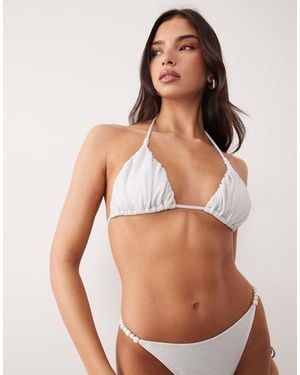 South Beach Glitter Triangle Bikini Top With Pearl Detail - White