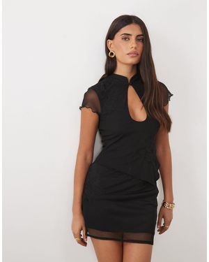 ASOS Kombiteil mesh-oberteil mit kurzen ärmeln, stehkragen und spitzendetail - Schwarz
