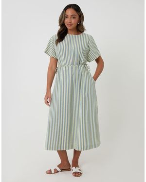 Threadbare Stripe Kimono Sleeve Drawstring Waist Midi Dress - Green