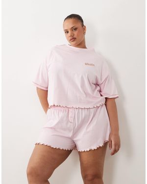 ASOS Asos Design Curve Embroidered Siesta Slogan Short Sleeve Tee And Short Pajama Set With Lettuce Edge - Pink