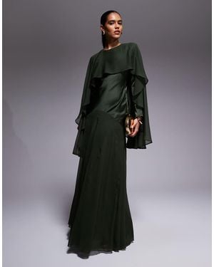 ASOS Cape Detail Ruffle Chiffon Satin Mix Maxi Dress - Black