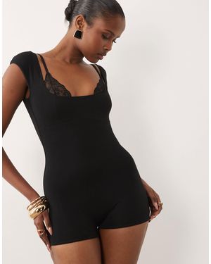 Oh Polly Cap Sleeve Lace Detail Scoop Back Playsuit - Black