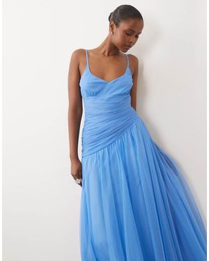 LACE & BEADS Cami Ruched Asymmetric Bodice Maxi Dress - Blue