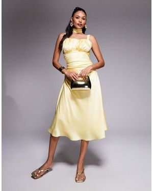 Taideux Fuller Bust Adrienne Boned Satin Midi Dress With Ruching And Neck Scarf - Metallic