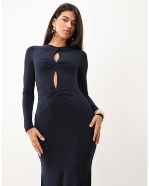 ASOS Slinky Jurk Met Twist, Diepe Hals En Lange Mouwen - Blauw