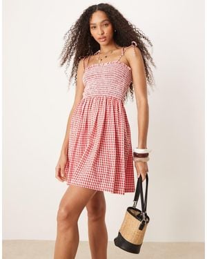 Iisla & Bird Vestido Playero Corto A Cuadros Vichy Rojos Fruncido De - Rosa