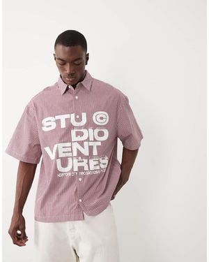 ASOS Oversized Check Shirt With Chest Print - Pink