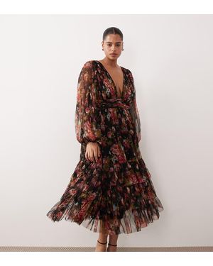 Lace & Beads Plus Long Sleeve Midi Dress - Brown