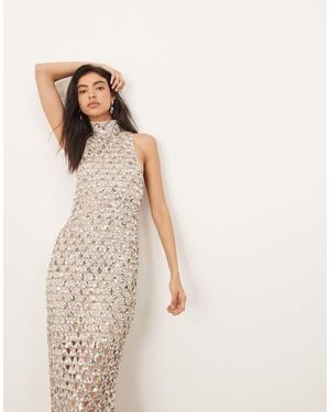 ARRANGE Geo Cut Work Embellished High Neck Column Maxi Dress - Natural