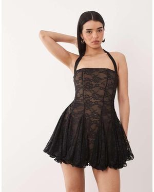 Murci Vestido Corto Con Cuello Halter Cuadrado Y Bajo Fruncido De Godets De Encaje De - Negro