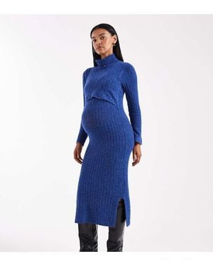 Mama.licious Mamalicious Maternity Soft Knitted Rib Midi Dress With Nursing Function - Blue