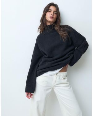 ASOS Relaxed Fluffy Funnel Neck Sweater With Wool - Blue