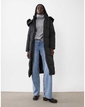 Brave Soul Maxi Puffer Coat With Faux Fur Trim Hood - Blue